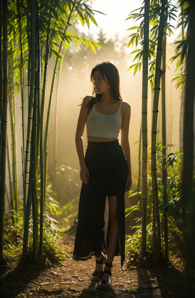 An asian woman standing in the middle of bamboo den. Misty morning. Mountain's vibes. Wearing white thin clothes. Backlight, dim light, foggy background, half body shoot focusing at her beauty