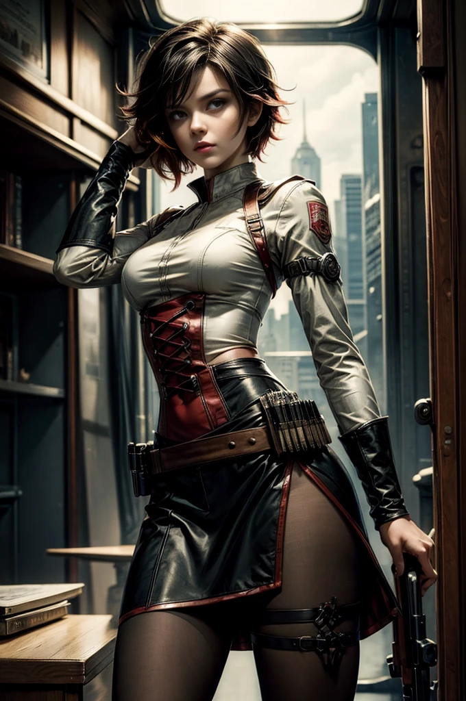(masterpiece, best quality:1.2), cowboy shot, solo, dynamic pose, 1girl, ruby rose, looking at viewer, military uniform, pantyhose, in futuristic library