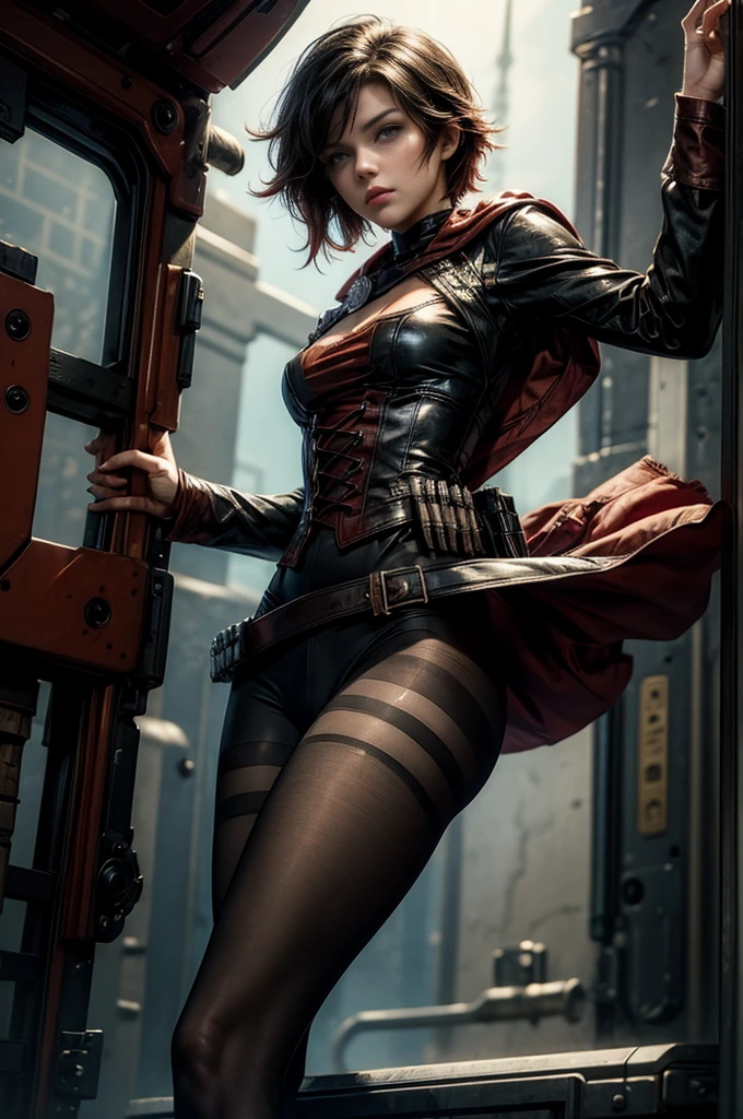 (masterpiece, best quality:1.2), cowboy shot, solo, dynamic pose, 1girl, ruby rose, looking at viewer, military uniform, pantyhose, in futuristic library