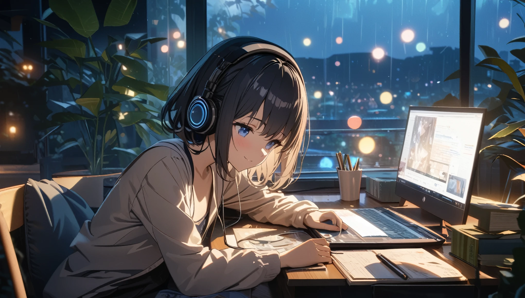 one girl, black short hair and bob hair, I tied my hair in a bun with a hair clip..、smile、beautiful blue eyes, gentle smile on her face、flat chest, one Beautiful girl,((masterpiece, illustration, best quality) ((ultra-detailed)),rainy night, a girl studying while listening to music with headphones, the night view is very beautiful with beautiful candle on her table. there are plants in the background, a beautiful night view with books and plants in the background with coffee on the desk,, 濃い青とBeautiful Blueのグラデーション, High resolution, 8K HD detail, hyper-detail, cinematic, surrealism, soft light, deep field focus bokeh, ray tracing and surrealism. --v6