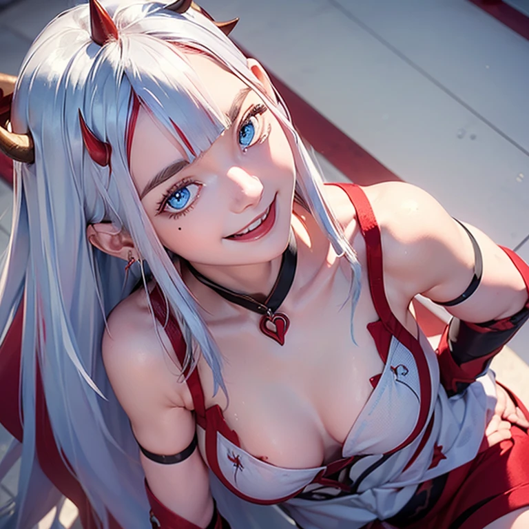 ((ultra realisitic)), ((picture-perfect)), ((face perfect)), ((ultra detaild)), ((fully body)), ((perfectbody), a young girl with horns around her head of white hair with red streaks and blue eyes, smiling in a pose with revealing clothes, in a temple