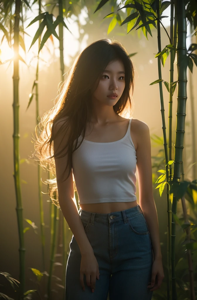 An asian woman standing in the middle of bamboo den. Misty morning. Mountain's vibes. Wearing white thin clothes. Backlight, dim light, foggy background, half body shoot focusing at her beauty