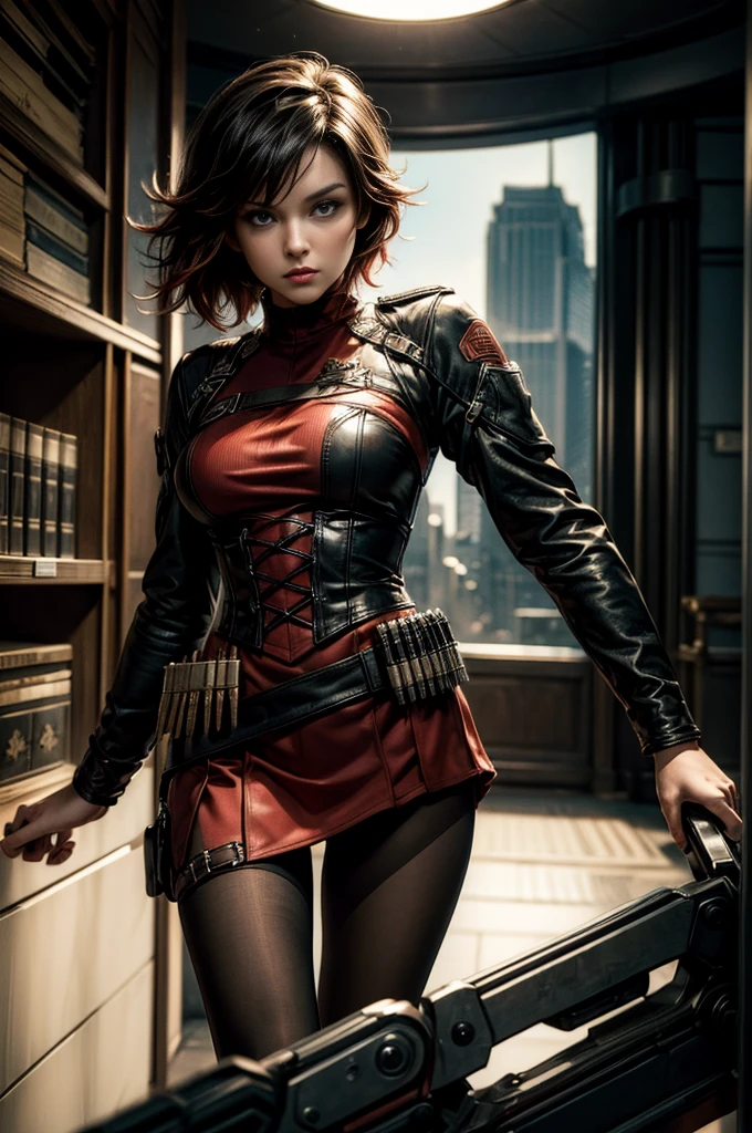 (masterpiece, best quality:1.2), cowboy shot, solo, dynamic pose, 1girl, ruby rose, looking at viewer, military uniform, pantyhose, in futuristic library