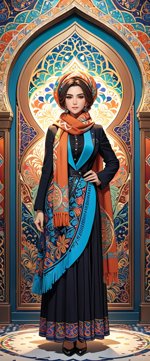 (masterpiece:1.2,Highest quality,Ultra-high resolution,Super detailed),(Best illustrations),8k,wallpaper,(Written boundary depth),(Sophisticated lighting:1.2),BREAK(1 female),(turkish woman:1.6),(Wearing a scarf on her head:1.6),(front:1.6),(The background is a colorful and beautiful arabesque pattern.) full body, full-length 