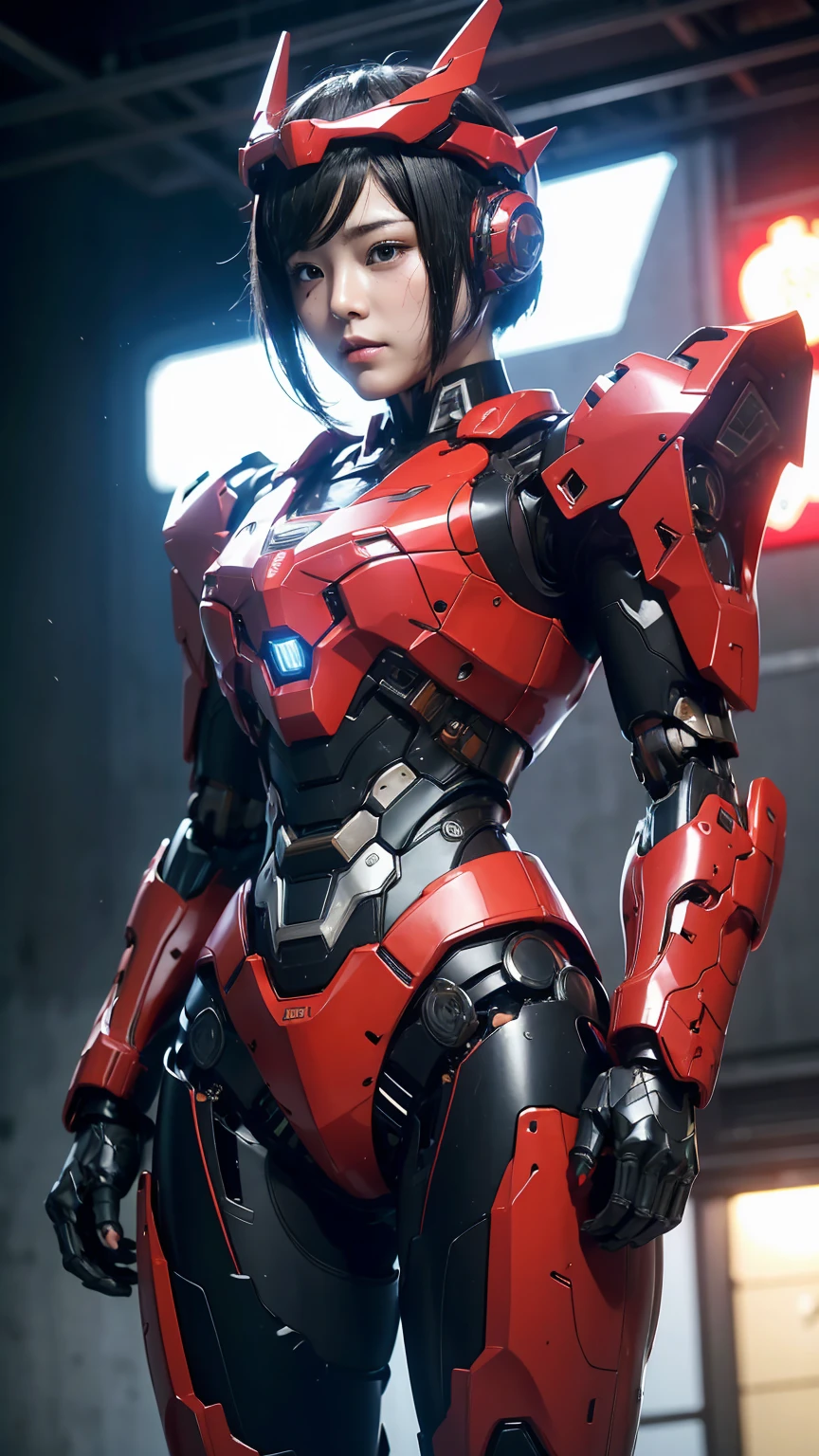 最high quality非常に詳細, Advanced Details, high quality, 最high quality, High resolution, 1080P, hard disk, beautiful,(War Machine),(headgear),See the big picture,beautifulサイボーグ女性,Shining red mecha cyborg girl,BATTLE MODE,Mecha Body Girl　8k bright red body armor　 girl　Sweaty face　pretty girl　short hair　　short hairボーイッシュ　Steam coming out of my head　My hair is wet with sweat　Black Hair, Steam coming out of the mouth　Rear view　Full body portrait