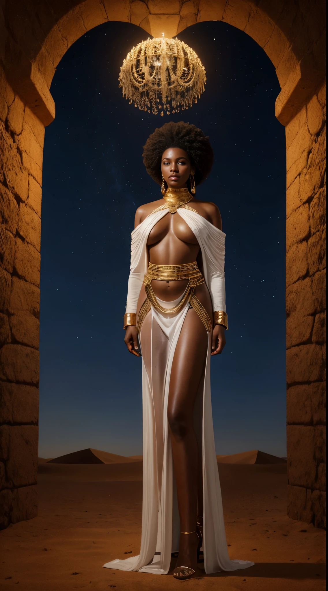 nubian woman, afro, dark skin, transparent white dress, desert at night, gold trim, golden belt, 

there is a woman standing in front of a arch, stunning african princess, black african princess, african queen, afro futurism, afrofuturistic, african princess, afro futuristic, african domme mistress, warm glow from the lights, dark skin, afro, transparent white robe, pubic hair, afro, see-through,

nipples, 


