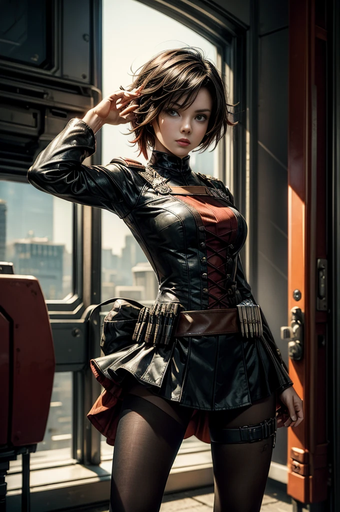 (masterpiece, best quality:1.2), cowboy shot, solo, dynamic pose, 1girl, ruby rose, looking at viewer, military uniform, pantyhose, in futuristic library