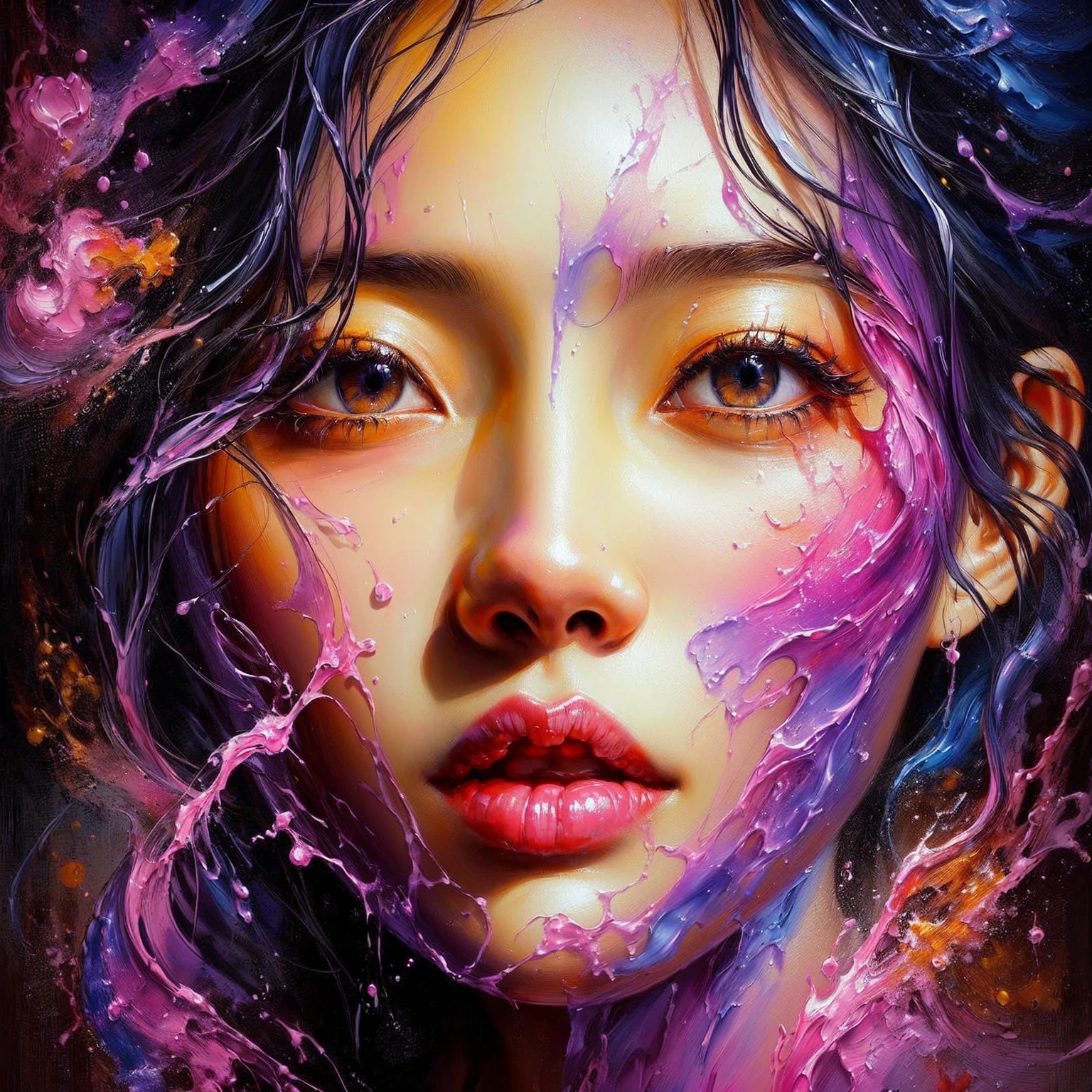 a painting of a woman with pink paint on her face, glossy digital painting, beautiful acrylic fluid portrait, glossy painting, inspired by Yanjun Cheng, dripping in neon paint, intricate and intense oil paint, gorgeous digital art, beautiful digital artwork, detailed painting 4 k, art of alessandro pautasso, dripping skin, stunning artwork, great digital art with details