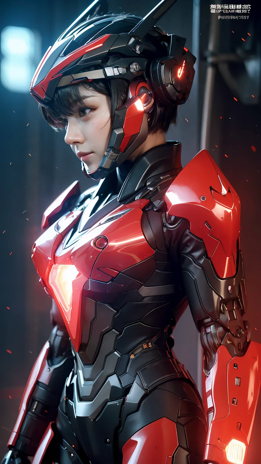 最high quality非常に詳細, Advanced Details, high quality, 最high quality, High resolution, 1080P, hard disk, beautiful,(War Machine),(headgear),See the big picture,beautifulサイボーグ女性,Shining red mecha cyborg girl,BATTLE MODE,Mecha Body Girl　8k bright red body armor　Elementary school girl　Sweaty face　pretty girl　short hair　　short hairボーイッシュ　Steam coming out of my head　My hair is wet with sweat　Black Hair, Steam coming out of the mouth　Rear view　Full body portrait