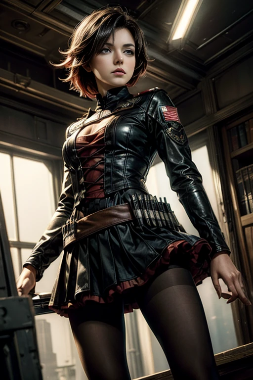 (masterpiece, best quality:1.2), cowboy shot, solo, dynamic pose, 1girl, ruby rose, looking at viewer, military uniform, pantyhose, in futuristic library