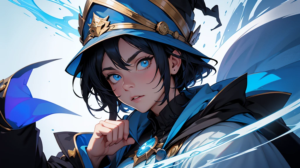 a complete image from the bust up to use as a reactive for a stream overlay, an oversized blue wizard hat with a big very large rim, human woman, sharp blue eyes, round face, small slightly upturned nose, curious expression, shoulder length blue-black hair