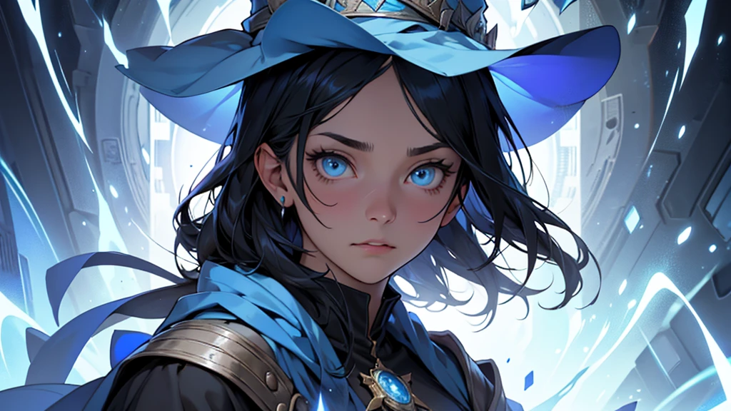 a complete image from the bust up to use as a reactive for a stream overlay, an oversized blue wizard hat with a big very large rim, human woman, sharp blue eyes, round face, small slightly upturned nose, curious expression, shoulder length blue-black hair