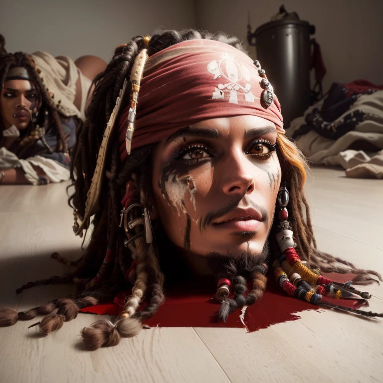 arafed women with dreadlocks and makeup on laying on the floor, portrait of captain jack sparrow, jack sparrow, captain jack sparrow, jim carrey as jack sparrow, johnny depp portrait, hyperrealistic 3 d digital art, hyperrealistic 3d digital art, pirate portrait, portrait of johnny depp, hyper realistic digital art, realistic cosplay, zombie pirate