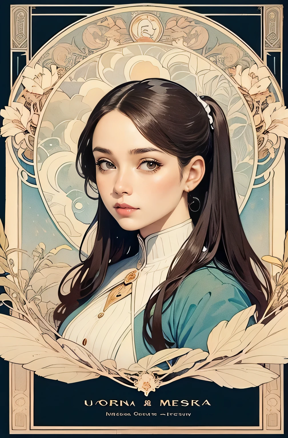 ((tmasterpiece)), (Best quality at best), (Cinematic),  Art Nouveau watercolor painting , lunar goddess  , large eyes, Long thick eyelashes, plump lips, dark red eye, Long hair is thick,  high ponytails, chubby, floral_background, Intricate designs and patterns in the style of Alphonse Mucha.