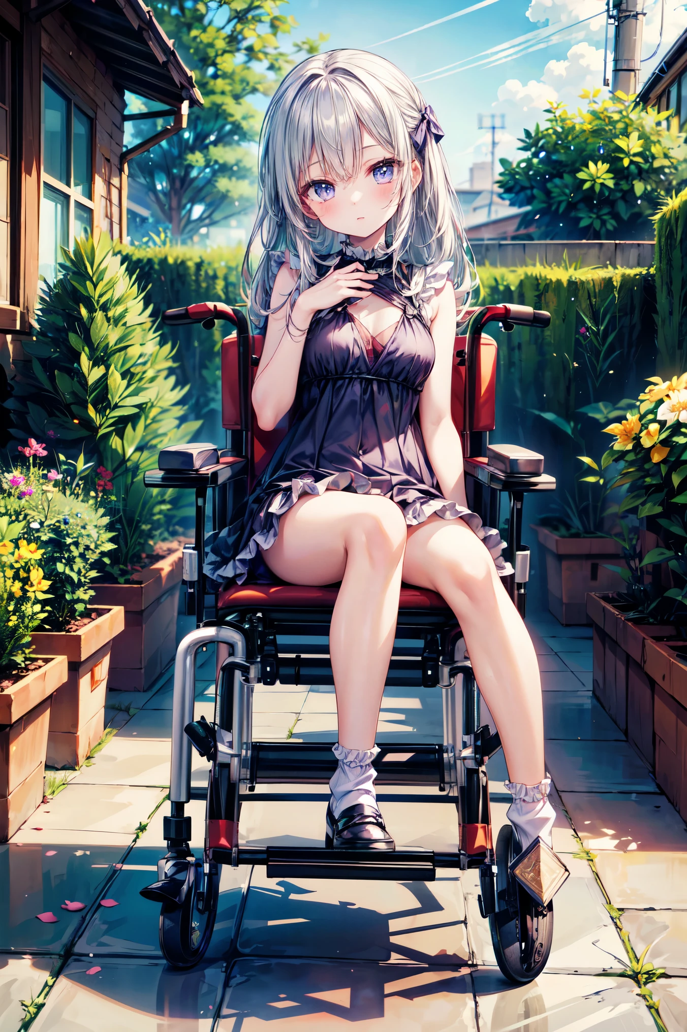 (((((full body))))), (((((wheelchair))))), (((((fair skin))))), ((((small breasts)))), ((((2 legs)))), ((((wearing purple frilled dress)))), (((white socks))), (((slim body))), (((sitting straight))), masterpiece, best quality, anime, anatomically accurate, detailed face, pretty face, extremely detailed face, ((((1girl)))), (((long hair))), (((slim legs))), wavy hair, silver hair, green eyes, big and expressive eyes, mesmerizing hair, slender hips, (Perfect hands and fingers very well detailed), full body photo, in the sunny garden, reading a book, , reflection in the eye, anime, Anime Style, cinematic lighting, ray tracing, panorama, Sony FE, high definition, artwork, Anatomically Correct, Textuvermelho Skin, super detail, high quality, high resolution, high definition