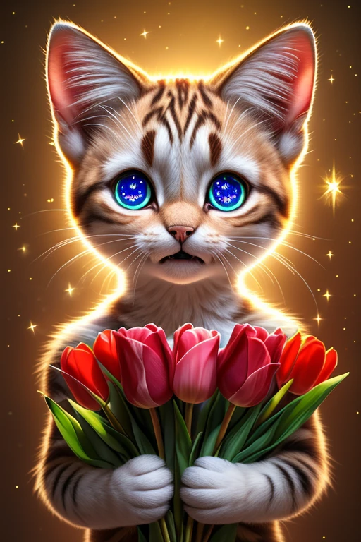 (Highest quality、masterpiece、8k))、Anatomically correct、Very detailed、High resolution、Realistic、Cinematic lighting、((Beautiful, sparkling, detailed eyes))、Intricate details、((Dynamic composition))、kitten、Big head、Present a bouquet of tulips、((Sparkling Smile))、A bouquet with love、present、Weather Rain、propose