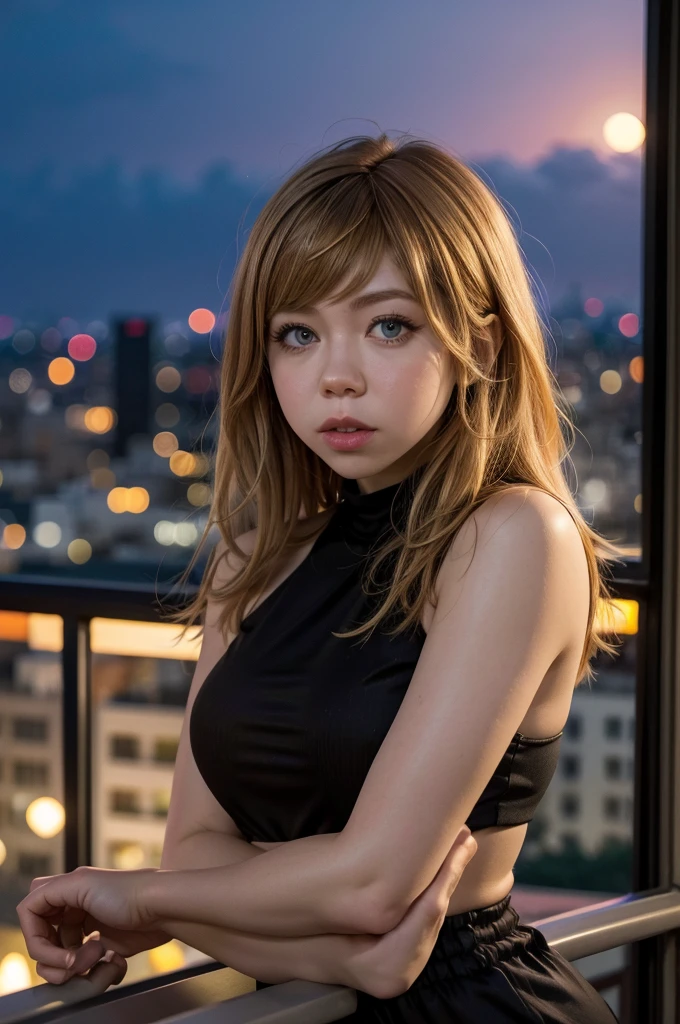 Jennette McCurdy, on a balcony of a beautiful apartment on a late afternoon with orange sun, with a city in the background and lights on but out of focus.