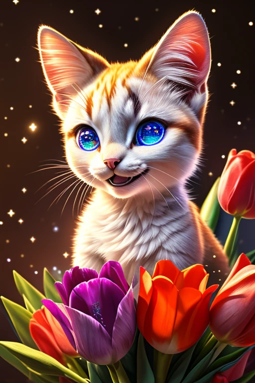 (Highest quality、masterpiece、8k))、Anatomically correct、Very detailed、High resolution、Realistic、Cinematic lighting、((Beautiful, sparkling, detailed eyes))、Intricate details、((Dynamic composition))、kitten、Big head、Present a bouquet of tulips、((Sparkling Smile))、A bouquet with love、present、Weather Rain、propose