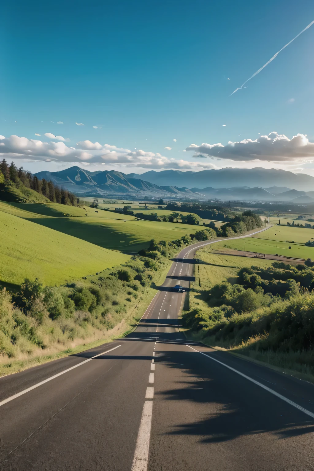 Country road to a small town with the hills on the horizon