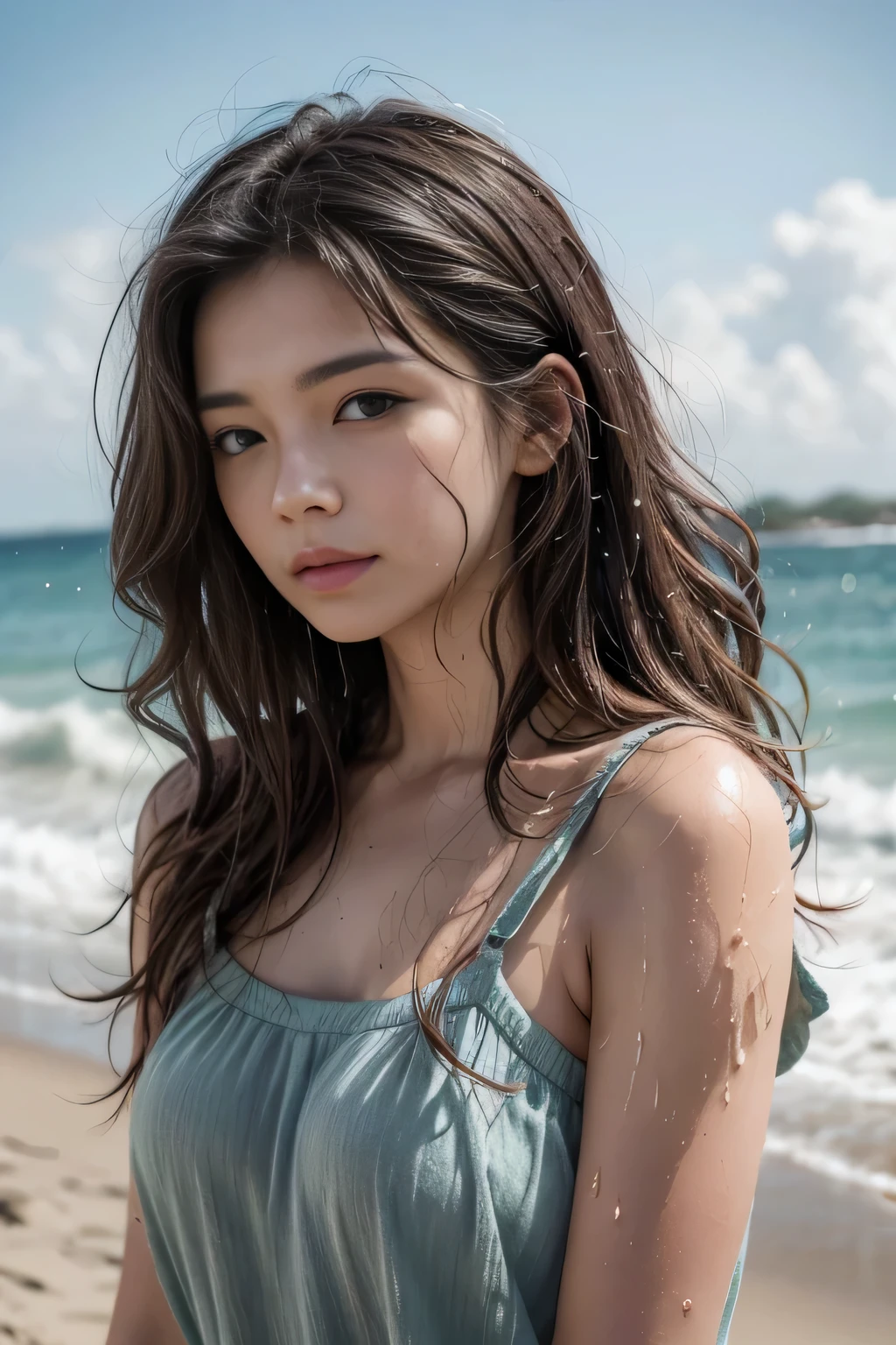 foreground: a beautiful woman , wet wavy hair in the wind. She is a men&#39;s magazine model, She has a subtle smile and flirts with the camera, (She wears a casual shirt with a knitted sweater and latex pants with a big belt:1.2), Scotland Loch background landscape and Scottish castle ruins, (in the light of the sunset:1.2), , perfects eyes, perfect hands, perfectbody, perfect hair, perfect big breast, Hair behind the ear, ultra HD, retina, work of art, precise, anatomically correcte, texturized skin, super detaill, High details, high qualiy, awardwinning, best qualityer, high resolution, 16K, 8k,