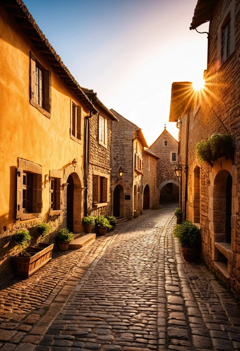 "Cinematic photograph of a medieval village at sunrise, ultra-high resolution, photorealistic details, soft golden lighting of the early morning sun, intricate architectural details on stone houses and cobblestone streets, realistic textures and shadows, wide-angle perspective to capture the village layout, high dynamic range to enhance colors and depth"