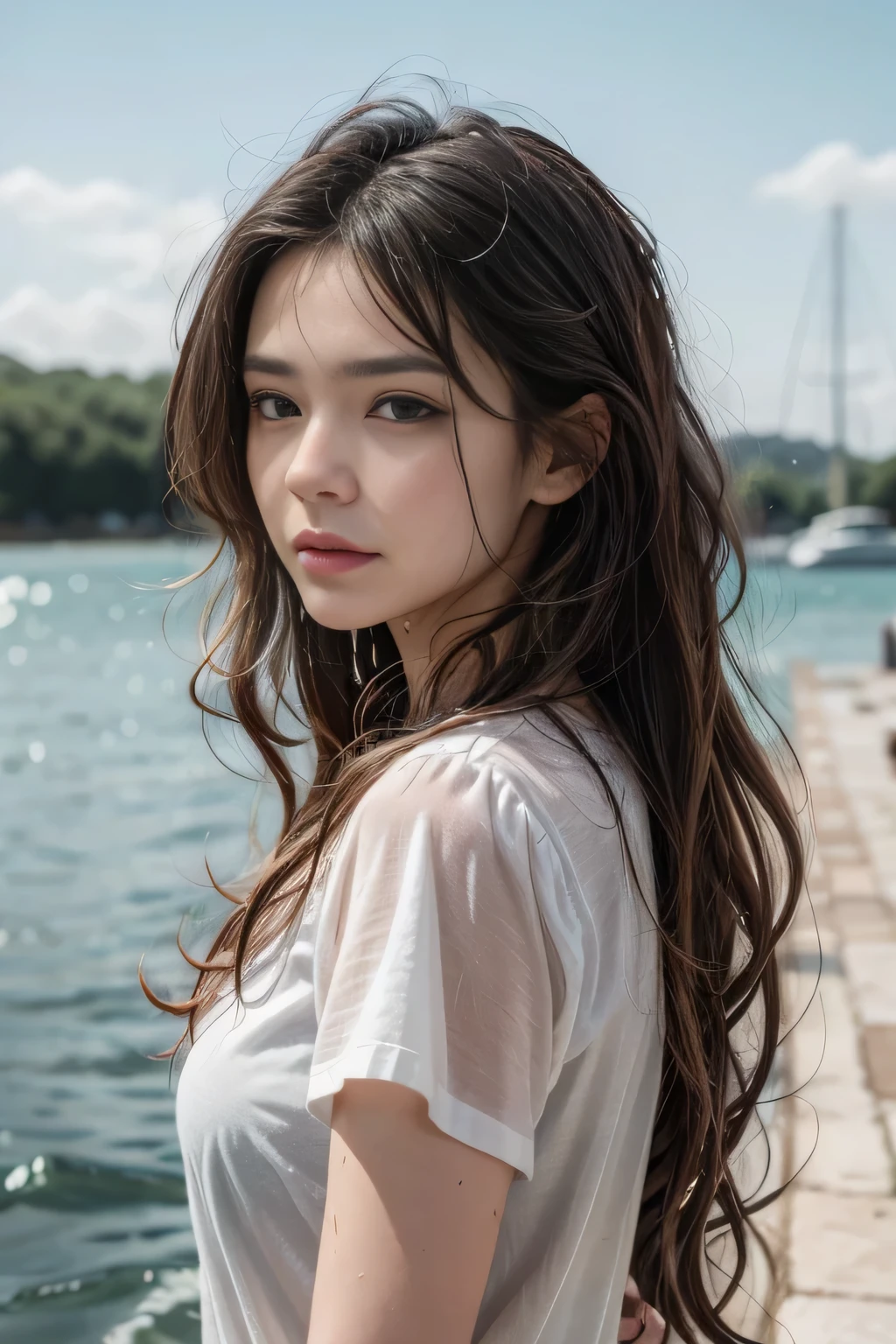 foreground: a beautiful woman , wet wavy hair in the wind. She is a men's magazine model, She has a subtle smile and flirts with the camera, (She wears a casual shirt with a knitted sweater and latex pants with a big belt:1.2), Scotland Loch background landscape and Scottish castle ruins, (in the light of the sunset:1.2), , perfects eyes, perfect hands, perfectbody, perfect hair, perfect big breast, Hair behind the ear, ultra HD, retina, work of art, precise, anatomically correcte, texturized skin, super detaill, High details, high qualiy, awardwinning, best qualityer, high resolution, 16K, 8k,