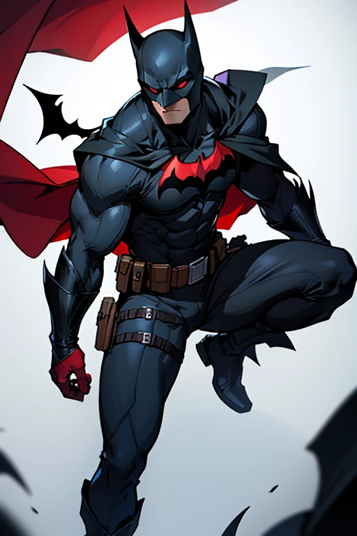 Create 3 different drawings of Batman, showing the character's entire body. He will have light skin. The suit will be black with red details, the utility belt and the holsters on the legs will be burgundy, with two pistols. The bat symbol on the chest will be burgundy, the cape will be black on the outside with the inside burgundy. The eyes of the mask will be red.