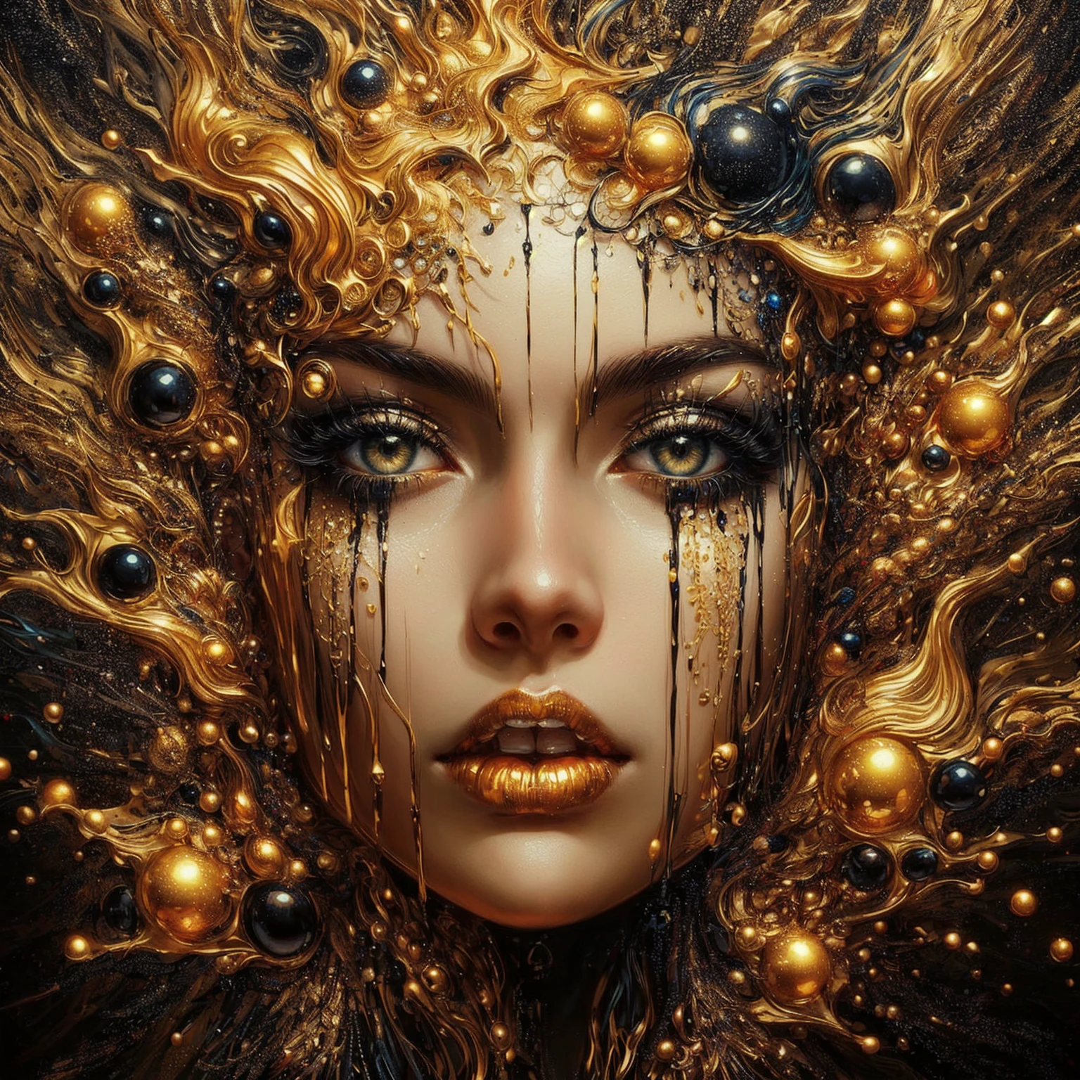 a painting of a woman with golden hair and pearls, Karol behind uhd, inspired by Hedi Xandt, face, that merges with the universe, Complicated oil painting artwork, 8 0's style tomasz alen kopera, by Karol Bak, Stil by Karol Bak, inspired by Karol Bak, 3D portrait of a goddess, Porträt eines metallischen faces