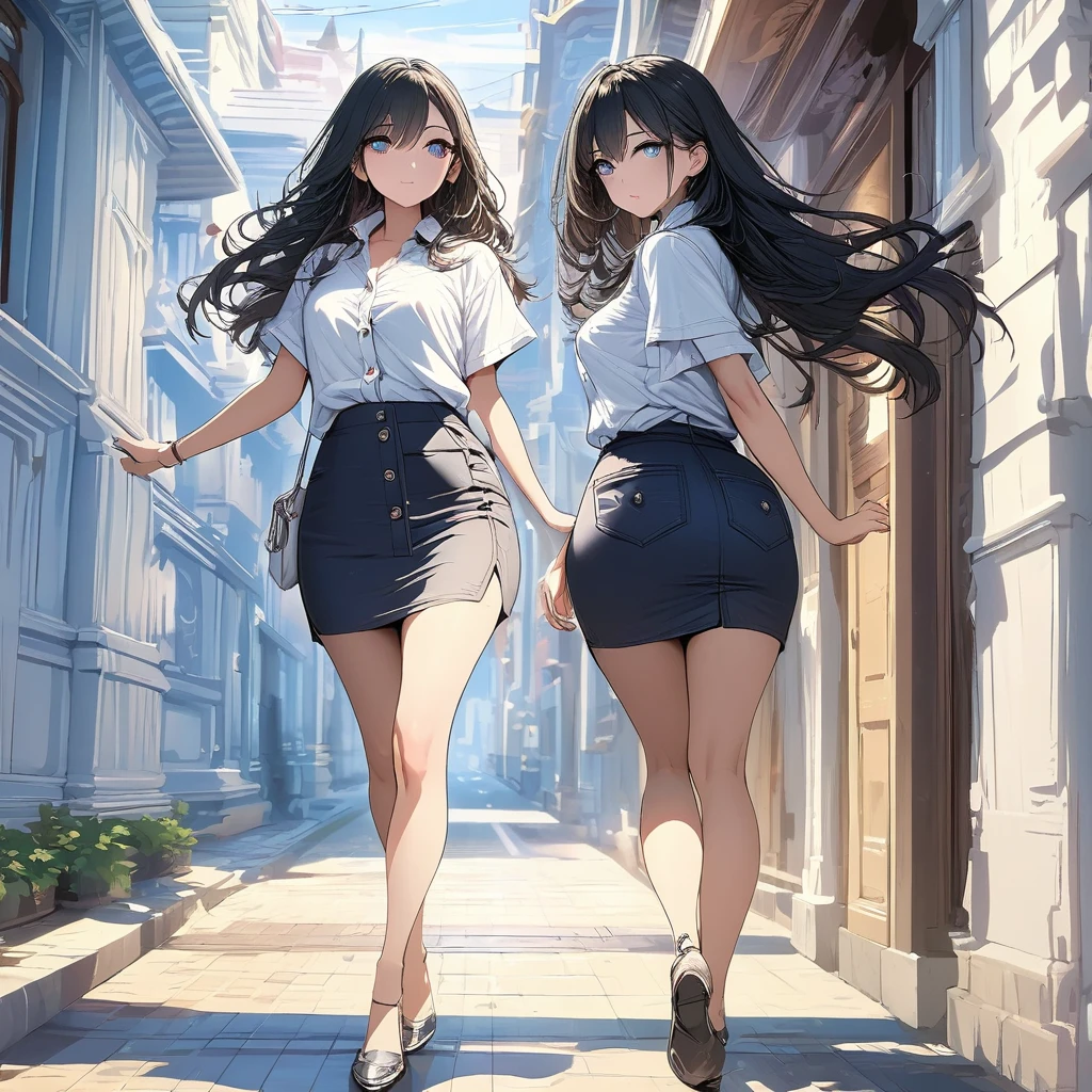 Masterpiece, Very detailed, Ultra-detailed, one tall beautiful woman, Masterpiece, Very detailed, Ultra-detailed, turning around, long lovely hair, bright eyes, full body, short sleeved button up shirt, skirt