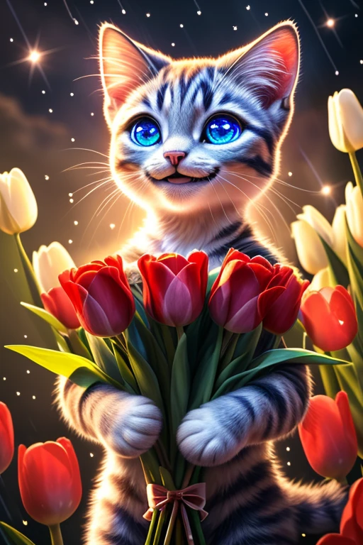 (Highest quality、masterpiece、8k))、Anatomically correct、Very detailed、High resolution、Realistic、Cinematic lighting、((Beautiful, sparkling, detailed eyes))、Intricate details、((Dynamic composition))、kitten、Big head、Present a bouquet of tulips、((Sparkling Smile))、A bouquet with love、present、Weather Rain、propose