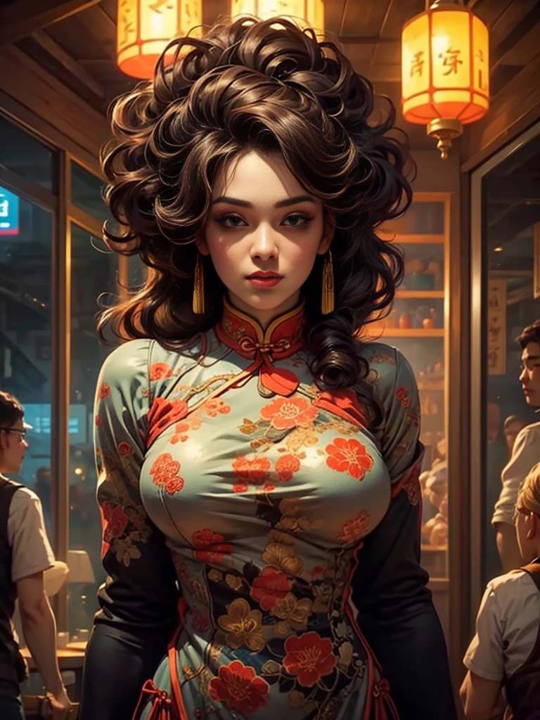 half-length portrait of a beautiful woman wearing a tight cheongsam, ideal proportions, full breasts, slim waist, plump buttocks, white skin, surrounded by accessories, in a crowded Chinese restaurant, best quality, 4k, 8k, high resolution, masterpiece, ultra detailed, lifelike, photo-like lifelike, delicate eyes, delicate lips, extremely detailed face, long eyelashes, intricate details, gorgeous accessories, gorgeous decoration, warm lights, vibrant colors, dramatic lighting, atmospheric, movie-like, award-winning photography
