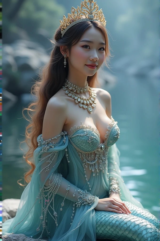 ((Highest quality、Tabletop、8k、Best image quality、Extremely intricate and detailed))、(The most extravagant Japanese mermaid princess, with the finest decorations all over her body.:1.2)、(Beautiful happy smile:1.1)、(Professional photos:1.1)、(Hyperrealistic:1.1)、(The most luxurious and Highest quality giant tiara:1.1)、(Shiny light brown wavy hair:1.1)、(The most luxurious and Highest quality giant necklace:1.1)、(The most gorgeous real mermaid:1.1)、(Snow Forestの池:1.1)、(Little mermaid sitting on the edge of a forest pond:1.3)、(The most beautiful and perfect mermaid tail:1.4)、(Authentic accurate glittering mermaid tail:1.4)、(Real scales それ shine elaborately:1.2)、Cleavage、Snow-white skin、Glowing Skin、(Beautiful, ultra-high definition scales that shine intricately:1.2)、(Fantastic scales that shine in a purple and blue gradient:1.1)、Elegant decoration、Diamond Decoration、Artistic decoration、The finest jewellery decoration、Extravagance beyond imagination、The most luxurious decoration in the world、Shining Snow、Shining blizzard、Amazing snow scene、Snow like a jewel、Diamond dust、The most realistic and complex backgrounds、Highly detailed and realistic backgrounds、Look at me and smile、(Pure white skin:1.1)、Pure white makeup、(Accurate anatomy:1.1)、Above the waist photo、キラキラと微細にShining Snow、Spectacular Cinema Lighting、The most delicate sparkle of snow、Snow covered trees々、Beautiful trees covered with snow々、(美しいAmazing starry sky:1.1)、Spectacular Cinema Lighting、Amazing starry sky、Starry sky over snowy mountains、it's snowing、Snow Forest(A transparent pond それ emits light:1.2)、(Light blue mist:1.1)、Blurred Background、Portrait Photography、Beautiful shining sunset