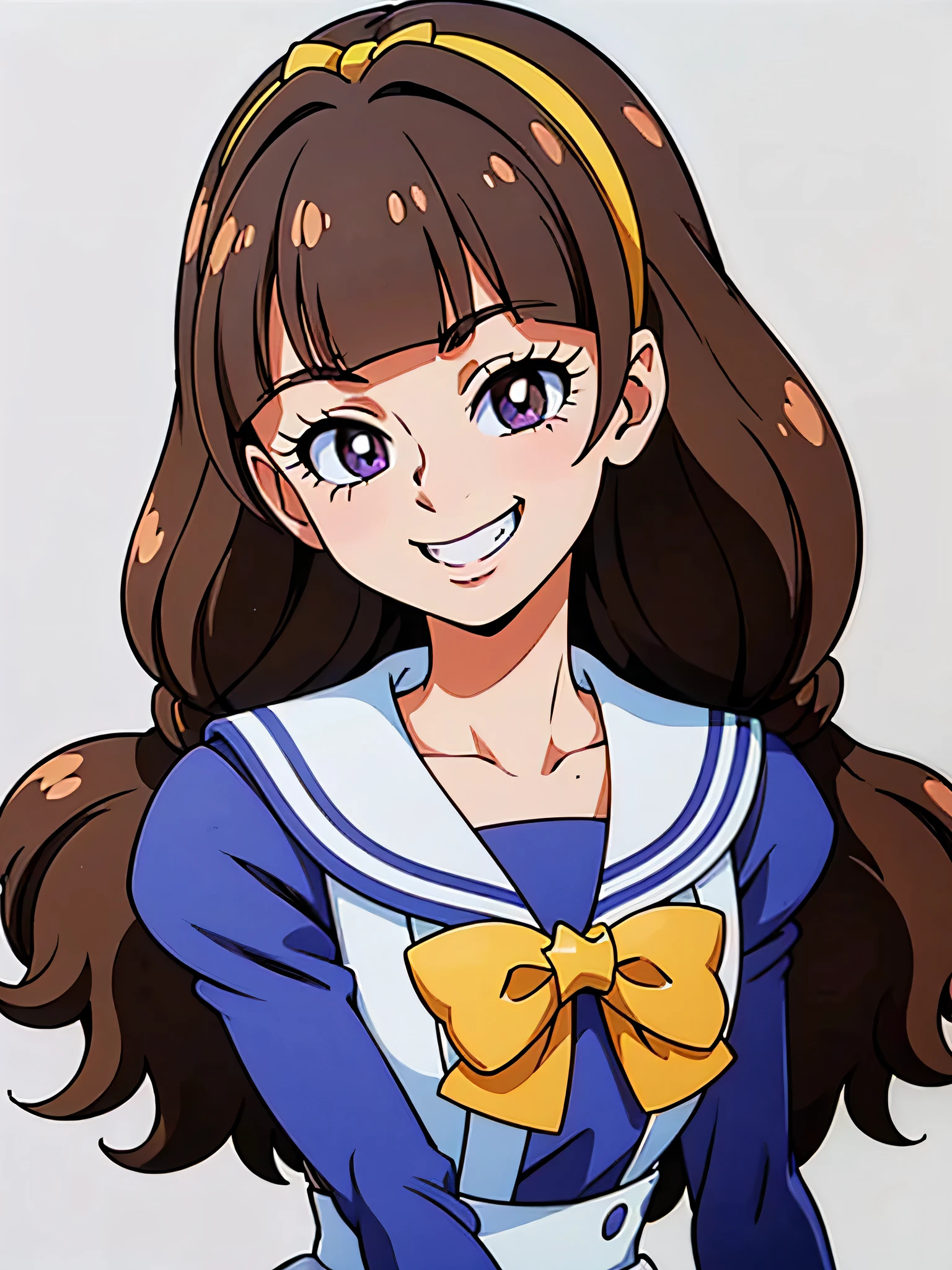 1 girl, (solo), ((amanogawaki)), best quality, highres, high quality, 8k, HD, super detail, anatomically correct, UHD, accurate, (masterpiece:1.0), (high quality:1.0), (ultra detailed), (no Background), (White Background), ((Adult:1.2)), Looking Down, smiley face, grin, yellow hairband, school uniform, long sleeves, bowtie, white skirt, ((sphpose)), (Above Upper Body), (upper body:1.2)