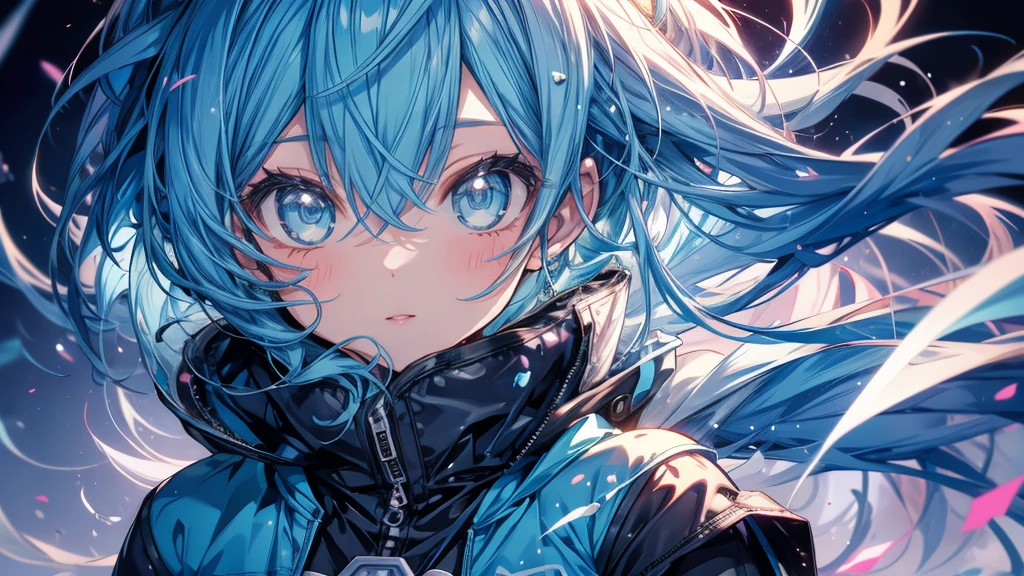 A photo of a girl with blue hair and a blue jacket, rimuru, estilo Anime 2d, RIMURU tempest&#39;Profile photo, RIMURU tempest, Anime 2d, fubuki, Overall photo of Rimuru Storm, short hair, Teal Hair Anime Girl, 2D Art, 2D Art, Ponytail Girl, Blue tie, White shirt, Indigo Jacket, brown belt at the waist..
