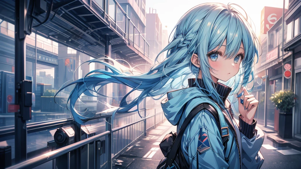 A photo of a girl with blue hair and a blue jacket, rimuru, estilo Anime 2d, RIMURU tempest'Profile photo, RIMURU tempest, Anime 2d, fubuki, Overall photo of Rimuru Storm, short hair, Teal Hair Anime Girl, 2D Art, 2D Art, Ponytail Girl, Blue tie, White shirt, Indigo Jacket, brown belt at the waist..