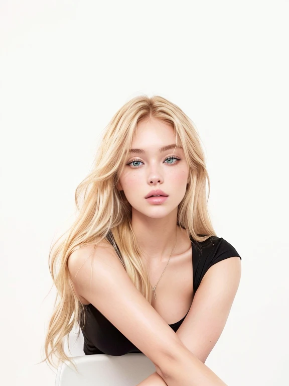blond woman sitting on a white chair with her arms crossed, 2 4 old female model, with long blond hair, a girl with blonde hair, dasha taran, victoria's secret model, she is wearing a black tank top, julia gorokhova, instagram model, gorgeous young model, portrait sophie mudd, sexy girl with long blonde hair