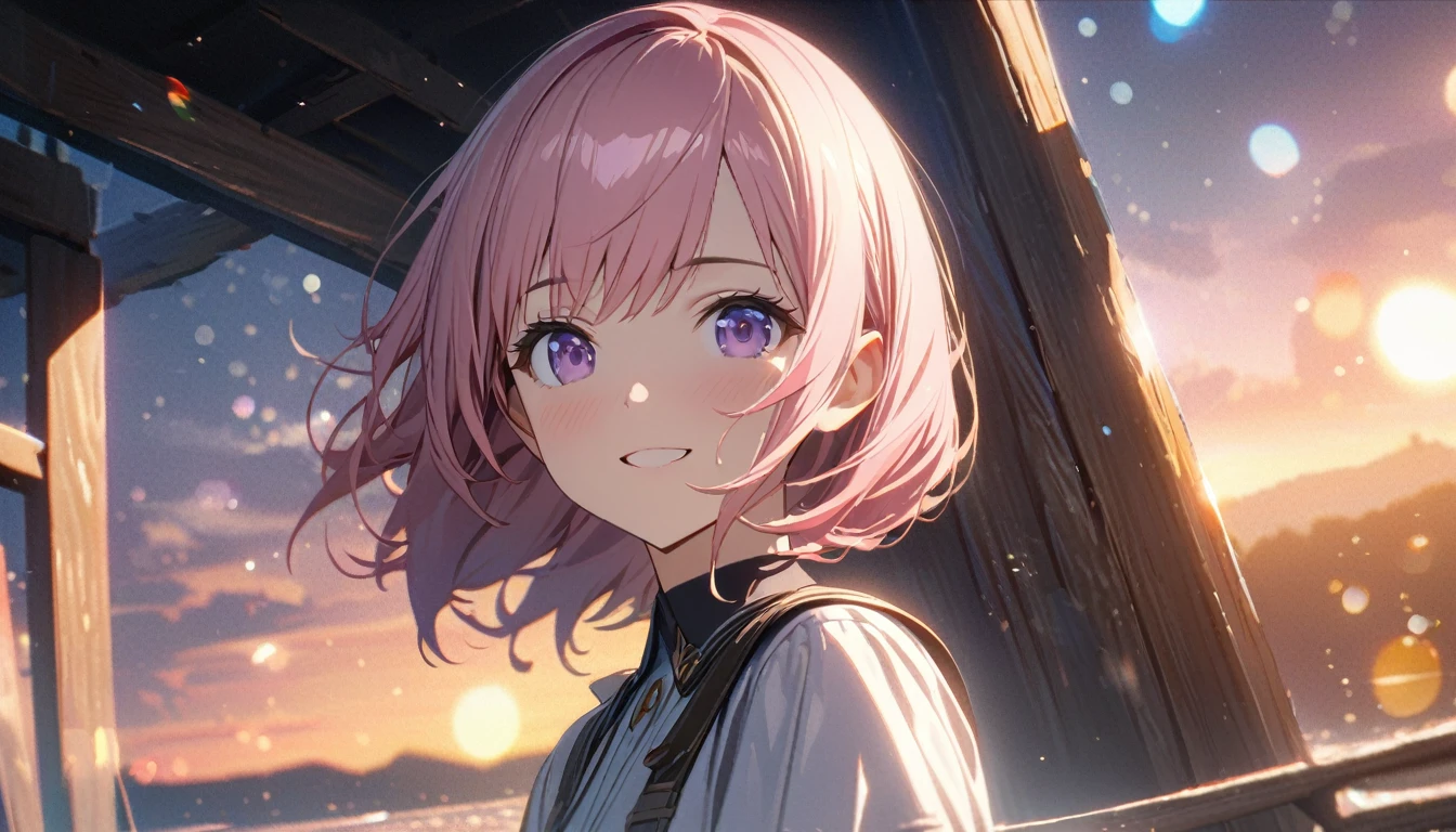 one girl, short pink hair and bob hair.、beautiful purple eyes、smile、gentle smile on her face、flat chest, one Beautiful girl,((masterpiece, illustration, best quality) ((ultra-detailed))\ with a joyful expression, standing on a wooden bridge during sunset, 濃い青とBeautiful Blueのグラデーション, High resolution, 8K HD detail, hyper-detail, cinematic, surrealism, soft light, deep field focus bokeh, ray tracing and surrealism. --v6