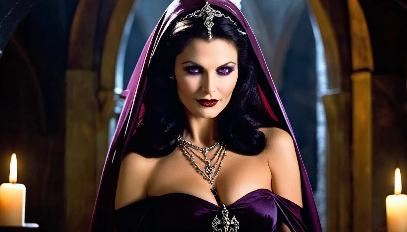 sfw, Gothic horror, A bewitching 35-year-old evil vampire, 1mature woman, solo, Countess, sexy MILF, evil femme fatale, stunning beauty, Brunette French Roll Hair, Arched eyebrows, double eyelids, Golden glowing eyes, dark lips, fangs, A kind smile with fangs showing, Looking at us with a captivating gaze, Thin white shawl, harness, Purple satin lady's off-the-shoulder dress, Upper breast, pail skin, bust shot, A threatening pose with both hands raised and claws raised, from below, Straight-on, In a remote monastery in medieval Europe, beautiful female vampires appear every night, lifting their black cloaks to reveal their naked bodies from outside the barrier, and torment the devout monks who have been forced to live a life of celibacy for a long time, in an attempt to lure them out of the place protected by God., cinematic film still of Gorgons in Greek mythology Frank Frazetta painting of a gothic Female Vampire woman with a very big smile on her face and Vampire Fangs Teeth staring at camera with reflective Golden glowing eyes, super detailed skin, glossy skin, glistening skin, Glamor, soft and curvy, Neck, collarbone, deep cleavage, huge breasts Licking fangs with tongue, masterpiece, incredibly absurd resolution, absolute resolution, super high resolution, shallow depth of field, vignette, highly detailed, high budget, raw photo, cinemascope, horror moody, epic, gorgeous, pov