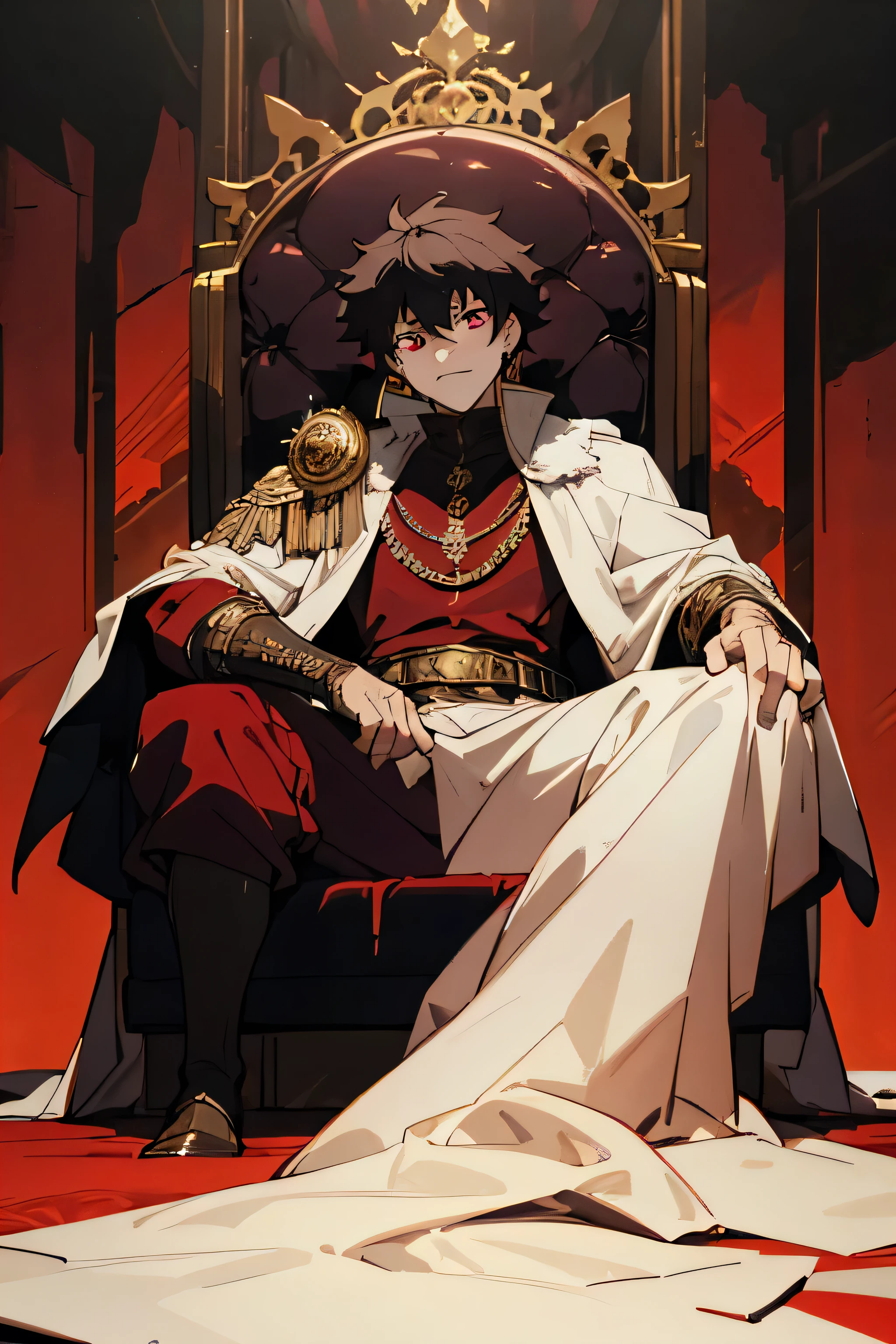 Buff muscular prince sits on a majestic throne inside an abandoned palace. The environment around him is dark and gloomy, with evil red eyes in the walls and cobwebs hanging there. The throne is ornate, with details in gold and precious stones, and is covered by a dusty cloth. The protagonist is wearing royal clothing, with a kaneki expression on his face, wearing a fur cape, as he stares at the horizon with glowing red eyes, masterpiece, best quality, ultra-detailed, illustration, 8k resolution concept art, fantasy art, epic art, concept art wallpaper 4k, deep color, natural lighting