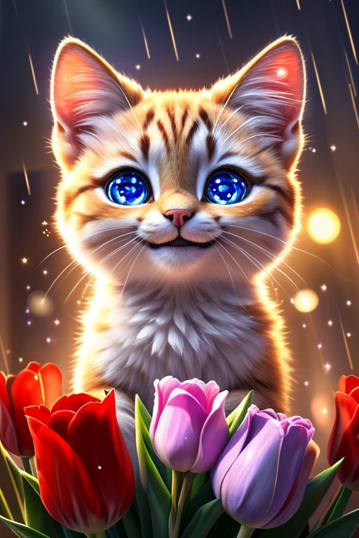 (Highest quality、masterpiece、8k))、Anatomically correct、Very detailed、High resolution、Realistic、Cinematic lighting、((Beautiful, sparkling, detailed eyes))、Intricate details、((Dynamic composition))、kitten、Big head、Present a bouquet of tulips、((Sparkling Smile))、A bouquet with love、present、Weather Rain、propose