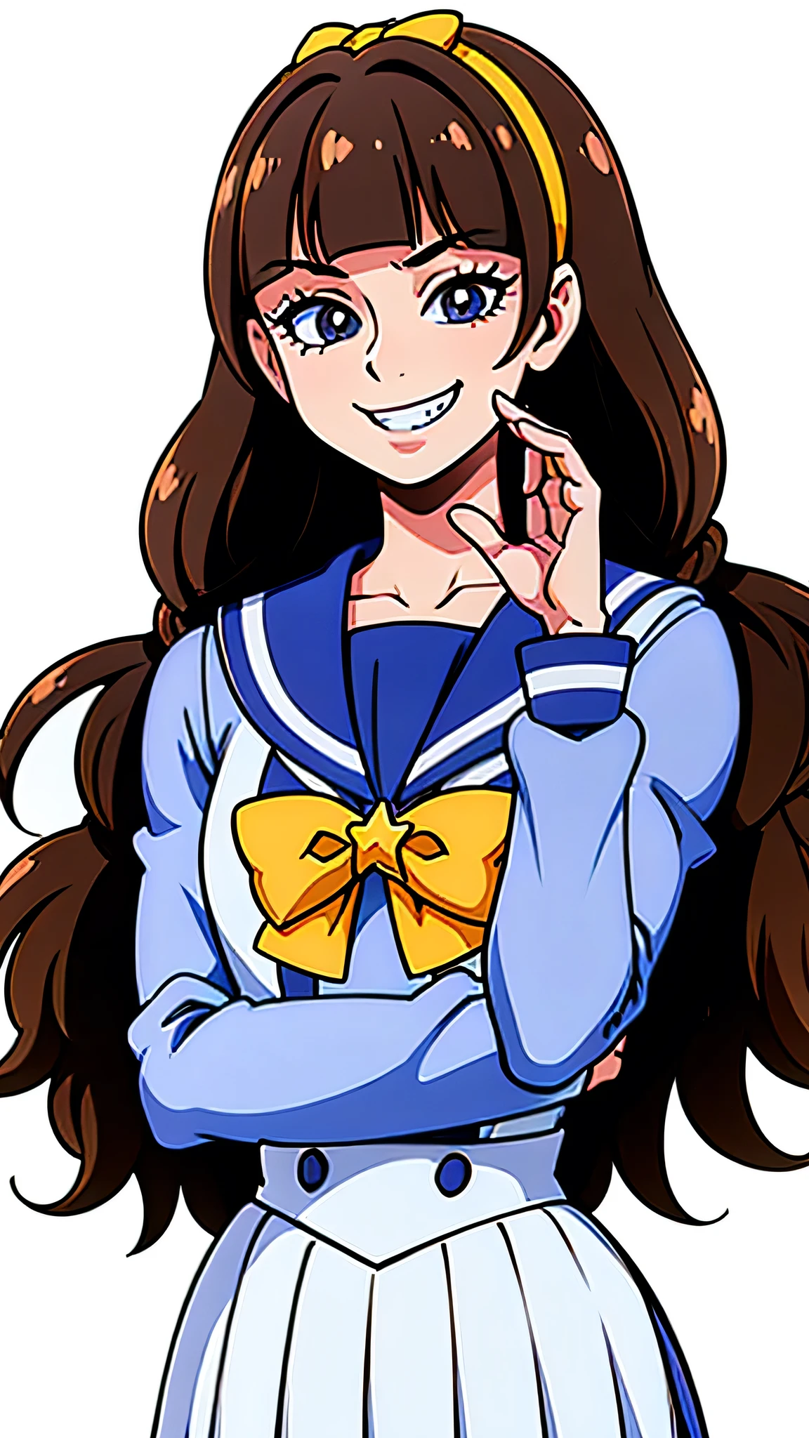 1 girl, (solo), ((amanogawaki)), best quality, highres, high quality, 8k, HD, super detail, anatomically correct, UHD, accurate, (masterpiece:1.0), (high quality:1.0), (ultra detailed), (no Background), (White Background), ((Adult)), (Blue White Uniform), Uniform Skirt, Yellow Headband, (upper body:1.2), (from below:1.3), (((Vagina)))