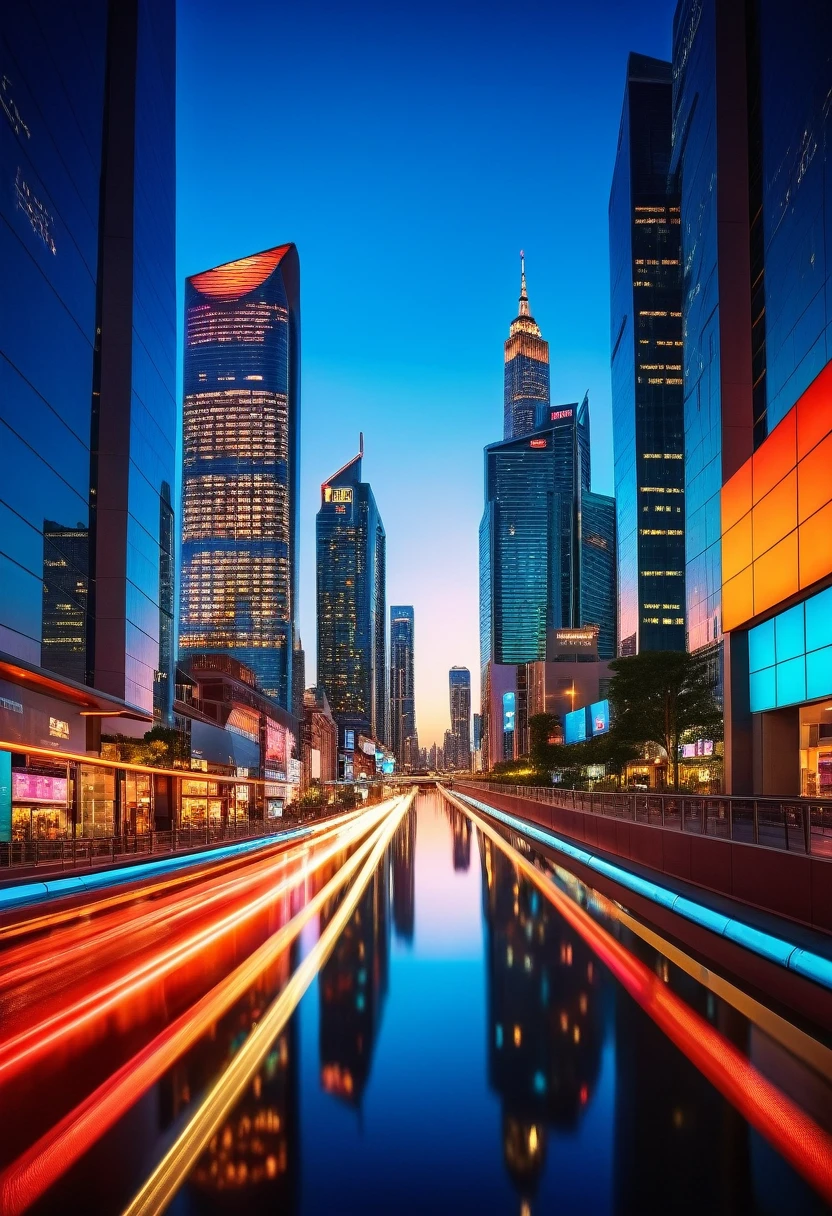 "Cinematic photograph of a futuristic cityscape, captured at dusk with a wide-angle lens, ultra-high resolution, high dynamic range to emphasize vibrant neon lights and sleek architecture, realistic reflections on glass surfaces, soft bokeh effect in the background, high contrast to highlight advanced technology details, use of a fisheye lens to enhance the expansive view of the city skyline, subtle lens flares to add depth"