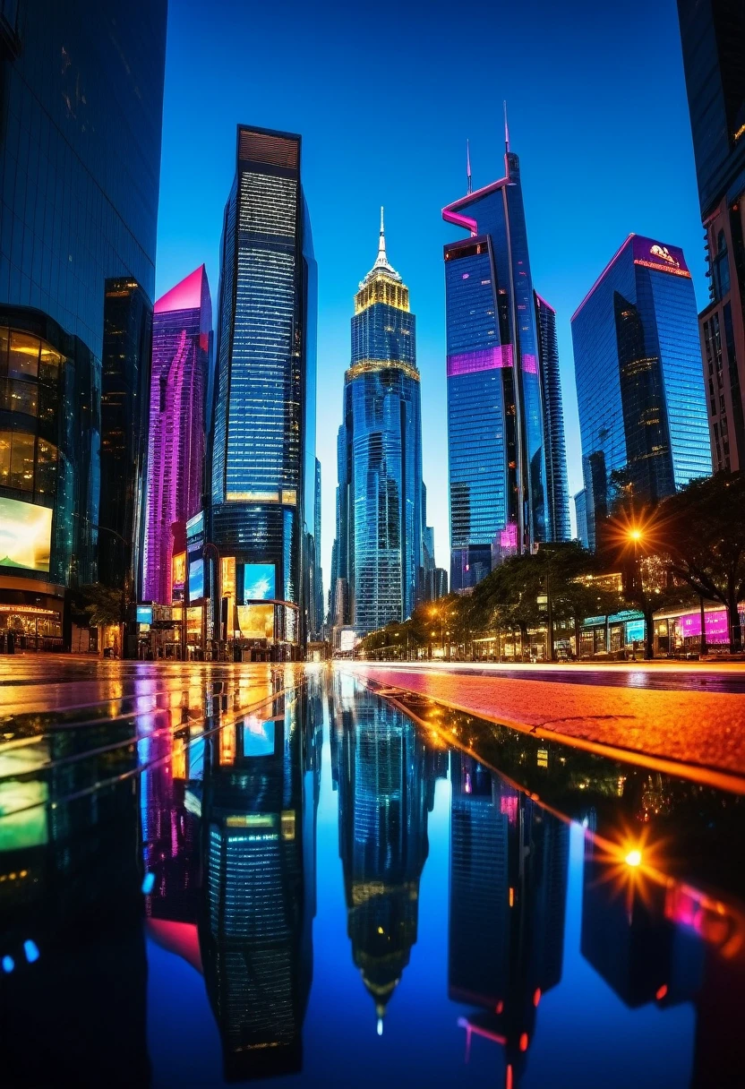 "Cinematic photograph of a futuristic cityscape, captured at dusk with a wide-angle lens, ultra-high resolution, high dynamic range to emphasize vibrant neon lights and sleek architecture, realistic reflections on glass surfaces, soft bokeh effect in the background, high contrast to highlight advanced technology details, use of a fisheye lens to enhance the expansive view of the city skyline, subtle lens flares to add depth"