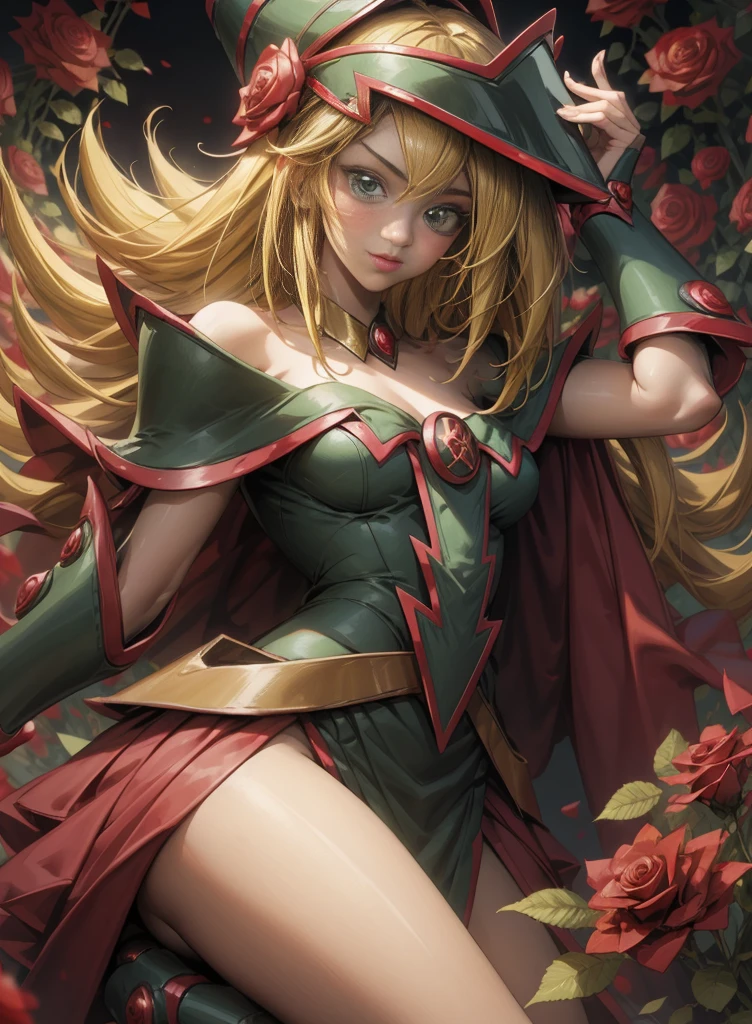 Beautiful dark magician gils. Young man with long blonde hair. green eyes. small lips. She is in a garden of red roses.. Red roses surround her. pose and innocent. red roses background.