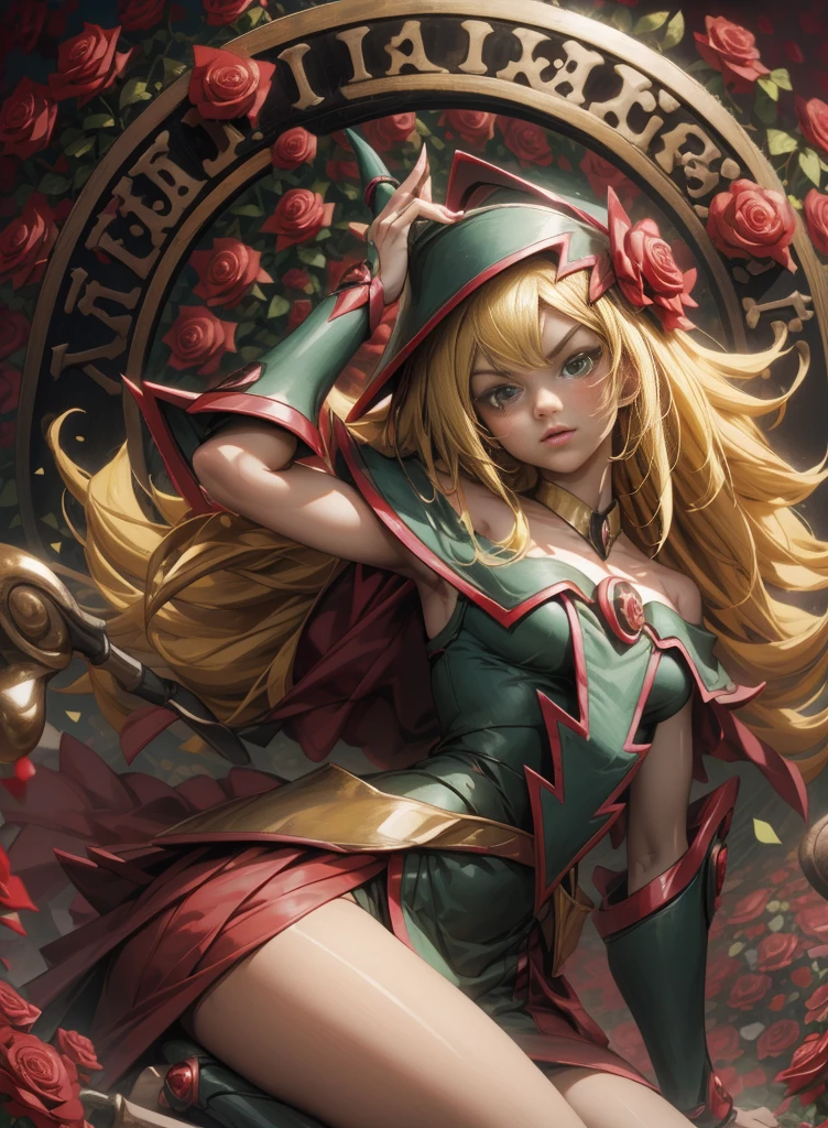 Beautiful dark magician gils. Young man with long blonde hair. green eyes. small lips. She is in a garden of red roses.. Red roses surround her. pose and innocent. red roses background.