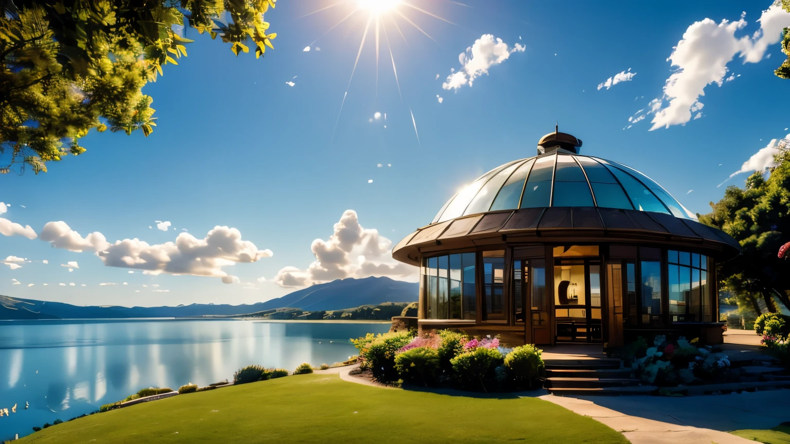 nature view, Round house with clear glass dome next to the lake, warm up, A lighting sun suave rompe as nuvens em muitos raios de luz dourada., The light hits the lake and reflects in small waves., The wind blows gently and comfortably. , There are small fruits and vegetables around the house., lighting sun, bright blue sky white clouds, golden sun