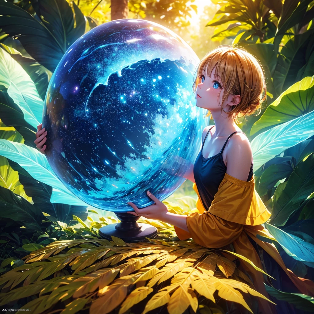 a girl in a yellow forest, wearing a summer t-shirt, (best quality,4k,8k,highres,masterpiece:1.2),ultra-detailed,(realistic,photorealistic,photo-realistic:1.37),HDR,UHD,studio lighting,sharp focus,physically-based rendering,extreme detail description,professional,vivid colors,bokeh,1boy,bug effect,glowing highlights,fantasy,magical,surreal,colorful, front view