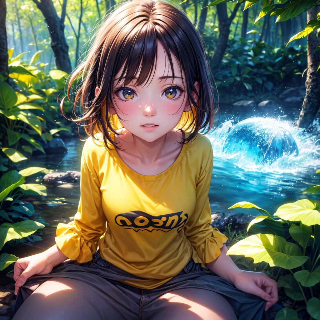 a girl in a yellow forest, wearing a summer t-shirt, (best quality,4k,8k,highres,masterpiece:1.2),ultra-detailed,(realistic,photorealistic,photo-realistic:1.37),HDR,UHD,studio lighting,sharp focus,physically-based rendering,extreme detail description,professional,vivid colors,bokeh,1boy,bug effect,glowing highlights,fantasy,magical,surreal,colorful, front view