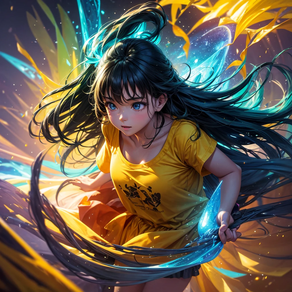 a girl in a yellow forest, wearing a summer t-shirt, (best quality,4k,8k,highres,masterpiece:1.2),ultra-detailed,(realistic,photorealistic,photo-realistic:1.37),HDR,UHD,studio lighting,sharp focus,physically-based rendering,extreme detail description,professional,vivid colors,bokeh,1boy,bug effect,glowing highlights,fantasy,magical,surreal,colorful, front view