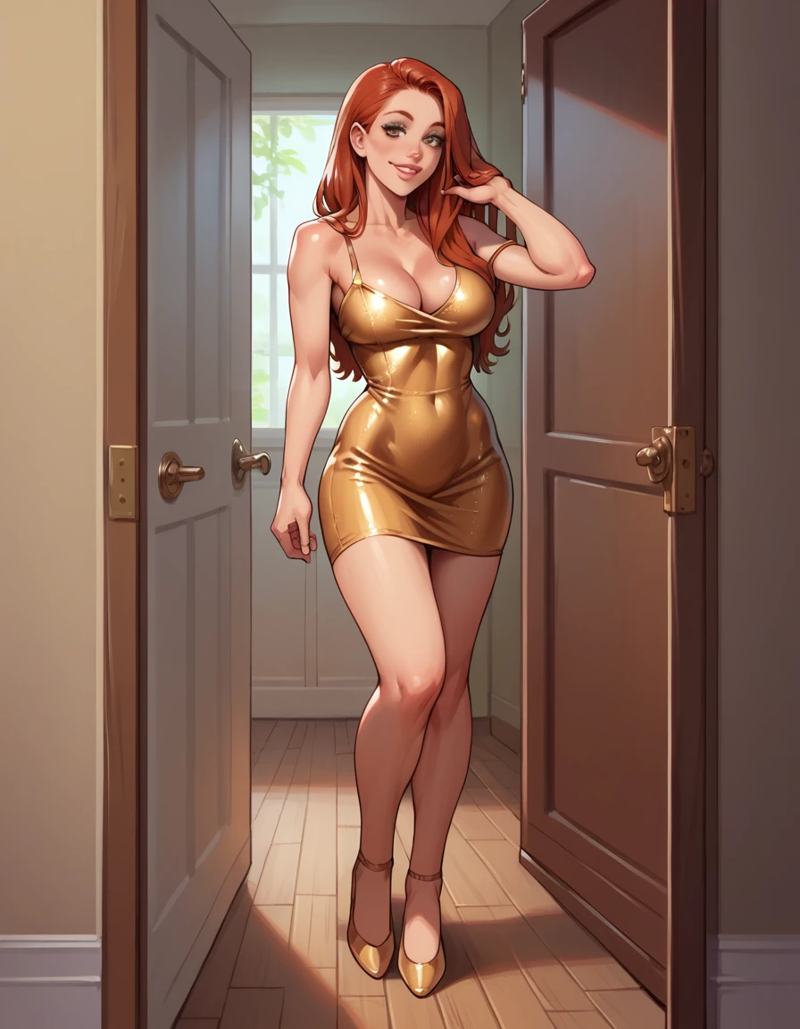 (1 girl, solo, (sexy posing) ), (girl is (redhead long hair), perfect body, detailed olive eyes, (one shoulder gold mini dress, cleavage), she's happy), (background closet interior, full of women's dresses and shoes)